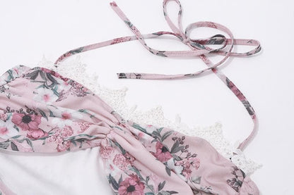 Halter Floral Print Lace Trim Midriff Cutout Ruffle Hem Mini Dress and Lace Arm Sleeves Set