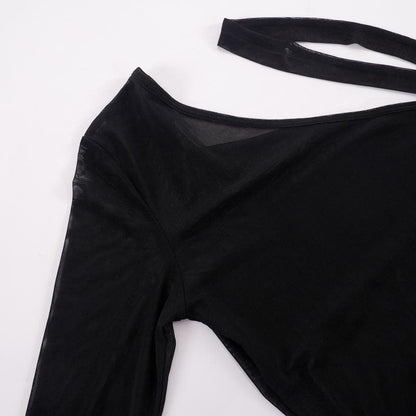 One-Shoulder Sheer Mesh Buckle Detail Side Gathered Ruffle Hem Mini Dress