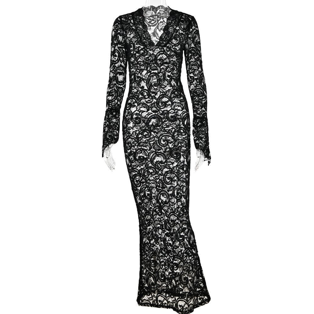Lace V Neck Long Sleeve Sheer Flared Leg Jumpsuit