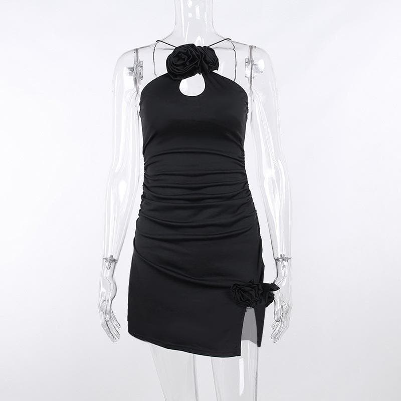 Halter Flower Applique Keyhole Ruched Side Slit Mini Dress
