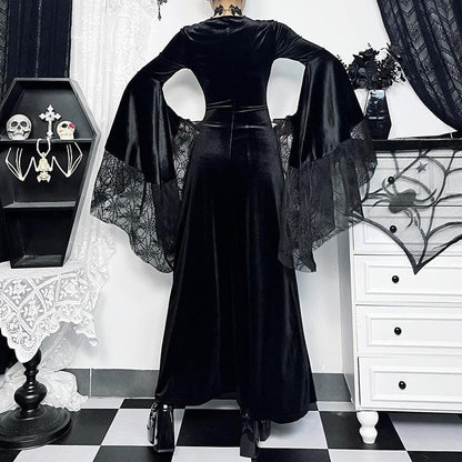 Velvet Square Neck Bell Sleeve Spiderweb Lace Panel Maxi Gown
