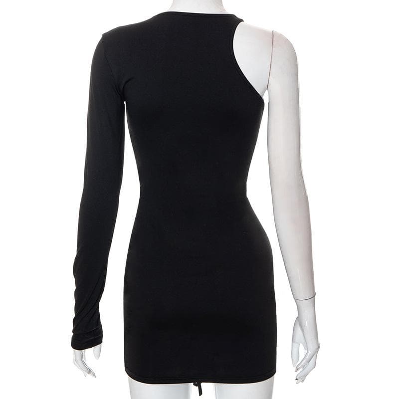 One Shoulder Long Sleeve Asymmetric Cutout Ruched Drawstring Mini Dress