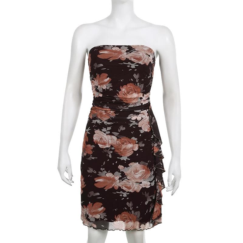 Strapless Floral Print Ruched Mesh Cascade Ruffle Mini Dress