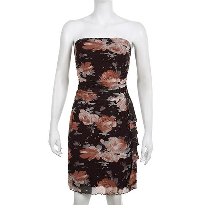 Strapless Floral Print Ruched Mesh Cascade Ruffle Mini Dress