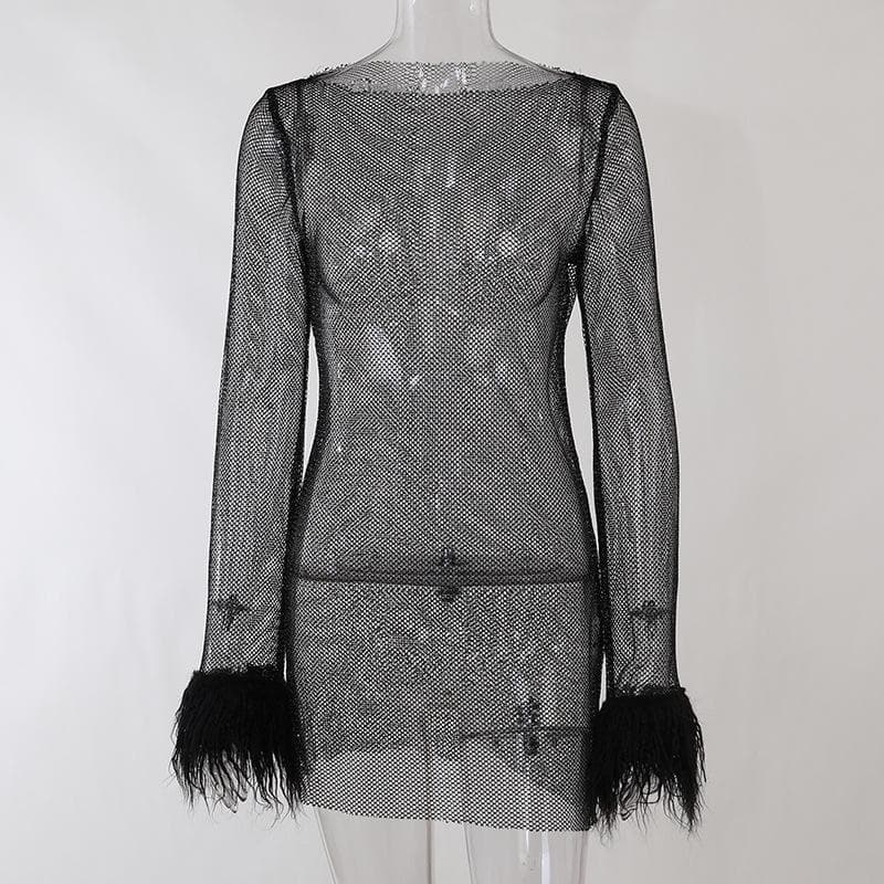 Sheer Mesh Feather Cuff Long Sleeve Round Neck Mini Dress