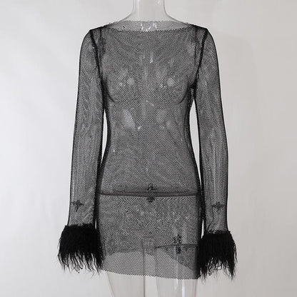 Sheer Mesh Feather Cuff Long Sleeve Round Neck Mini Dress