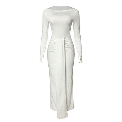 Boat Neck Long Sleeve Side Ruched Drape Panel Bodycon Maxi Dress
