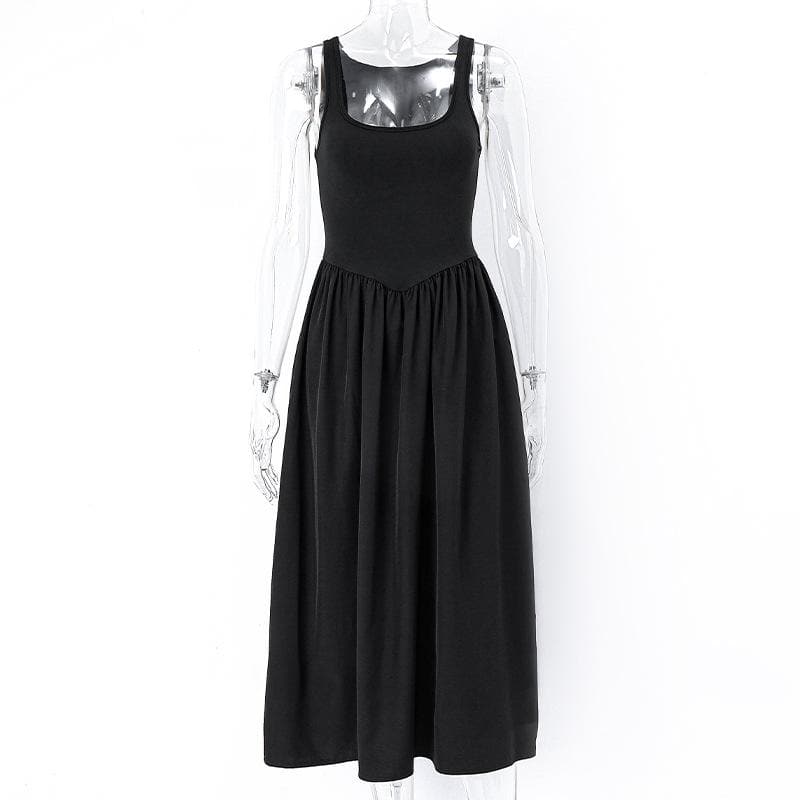 Deep Scoop Neck Wide Strap Dropped V Basque Gathered Midi Dress