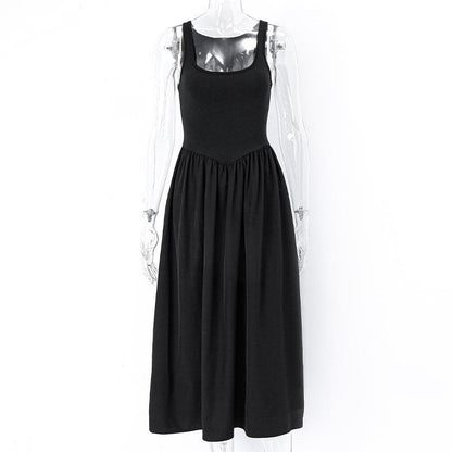 Deep Scoop Neck Wide Strap Dropped V Basque Gathered Midi Dress