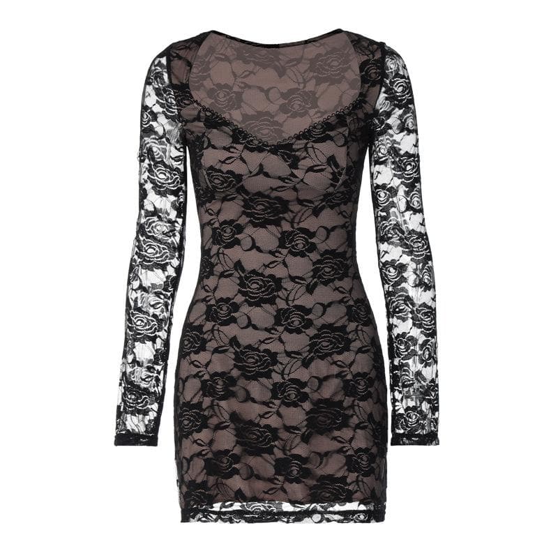 Scoop Neck Floral Lace Overlay Contrast Lining Long Sleeve Bodycon Mini Dress