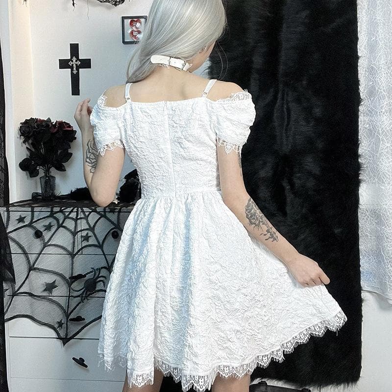 Hollow Out Off Shoulder Short Sleeve Crucifix Applique Bowknot Lace Hem Mini Dress