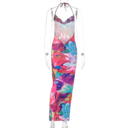 Abstract Floral Print Cowl Neck Halter Backless Ruched Bodycon Maxi Dress