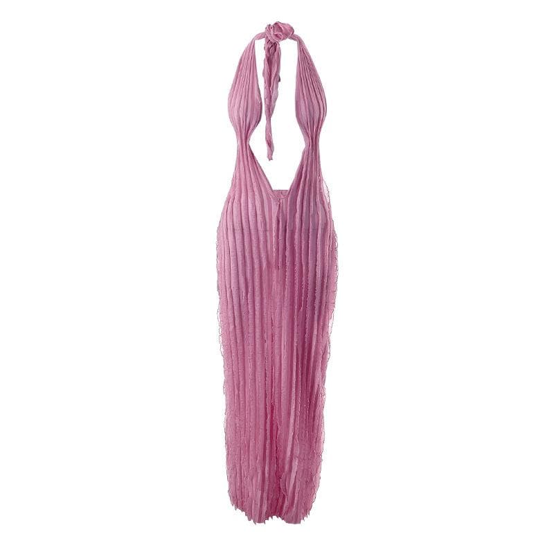 Halter Deep Plunge U Neck Vertical Ruffle Mesh Bodycon Maxi Dress