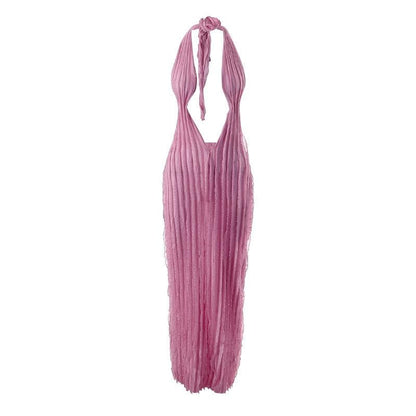 Halter Deep Plunge U Neck Vertical Ruffle Mesh Bodycon Maxi Dress