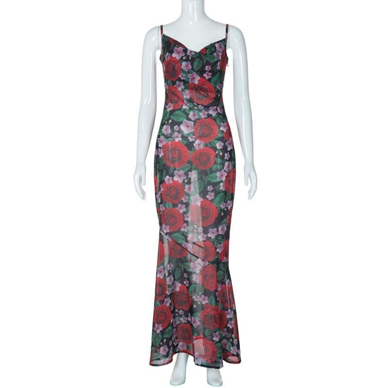 Floral Print Sweetheart Spaghetti Strap Mesh Mermaid Maxi Dress