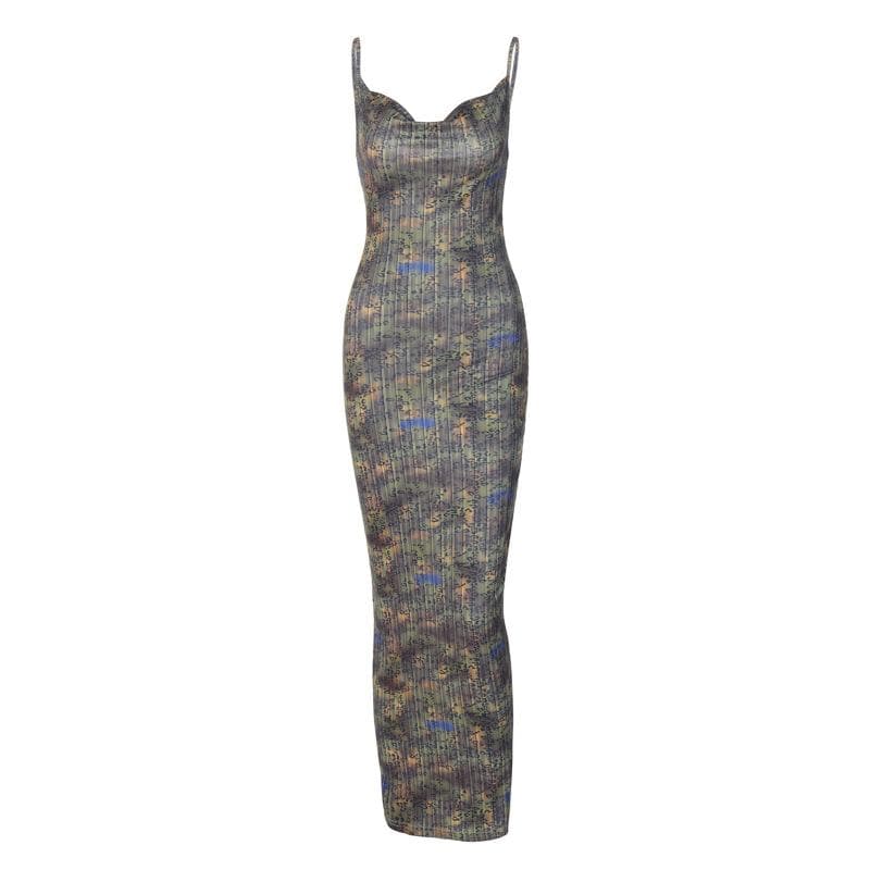 Print Cowl Neck Backless Spaghetti Strap Maxi Dress