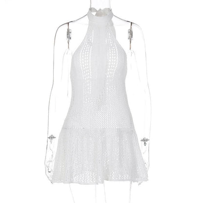 Crochet Halter Neck Open Knit Ruffle Hem Fit and Flare Mini Dress