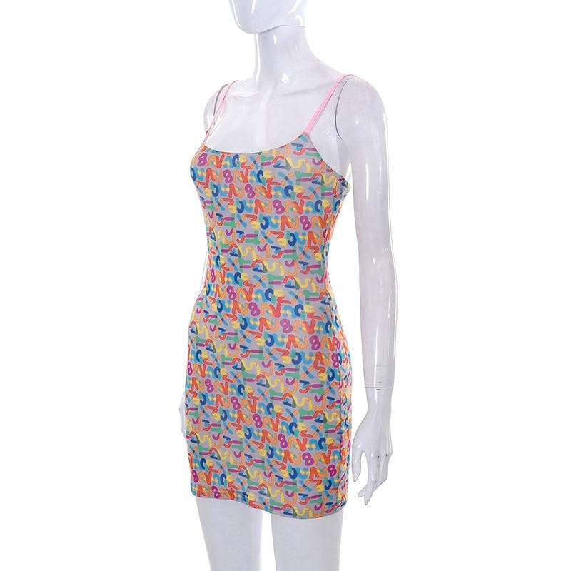 Abstract Print Square Neck Spaghetti Strap Bodycon Mini Dress