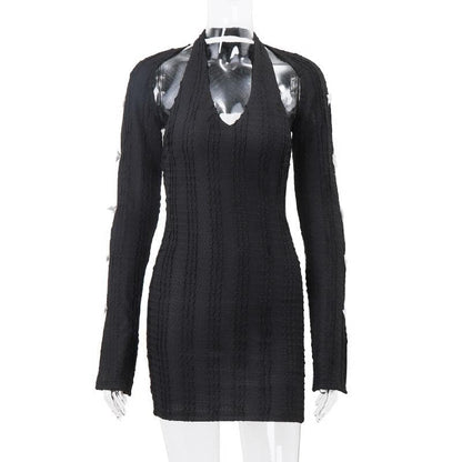 Deep V-Neck Halter Bow Sleeve Cutout Rib Knit Bodycon Mini Dress
