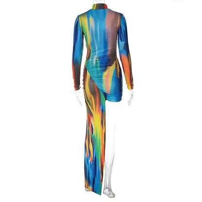 Mock Neck Long Sleeve Aurora Print Ruched Asymmetric Maxi Dress