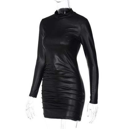 Mock Neck Long Sleeve Side Ruched Shiny Faux Leather Mini Dress