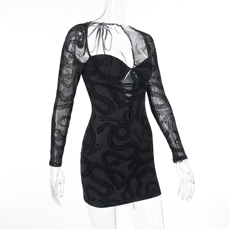 Snake Print Corset Lace Up Chest Cutout Mesh Sleeve Mini Dress
