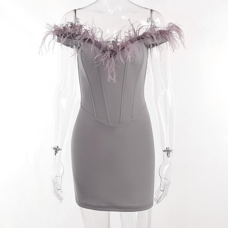 Off-Shoulder Feather Trim Corset Bodice Zip Back Bodycon Mini Dress