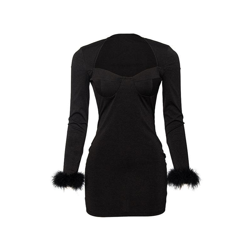 Sweetheart Bustier Feather Cuff Long Sleeve Mini Dress