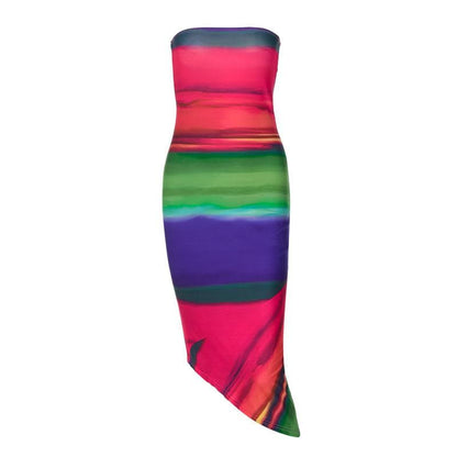Strapless Watercolor Stripe Print Asymmetrical Hem Bodycon Midi Dress