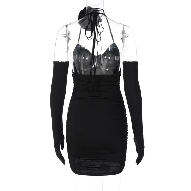Sweetheart Halter Neck 3D Floral Applique Ruched Bodycon Mini Dress
