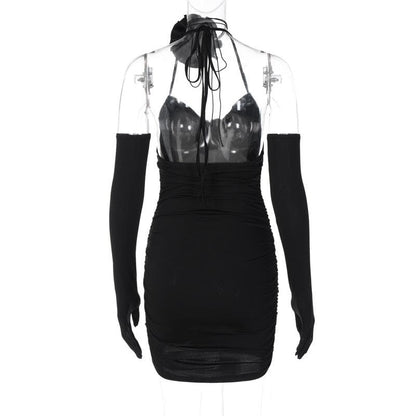 Sweetheart Halter Neck 3D Floral Applique Ruched Bodycon Mini Dress