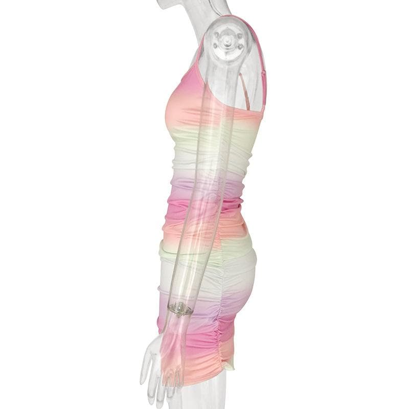 Gradient Ombre Ruched Square Neck Spaghetti Strap Bodycon Mini Dress