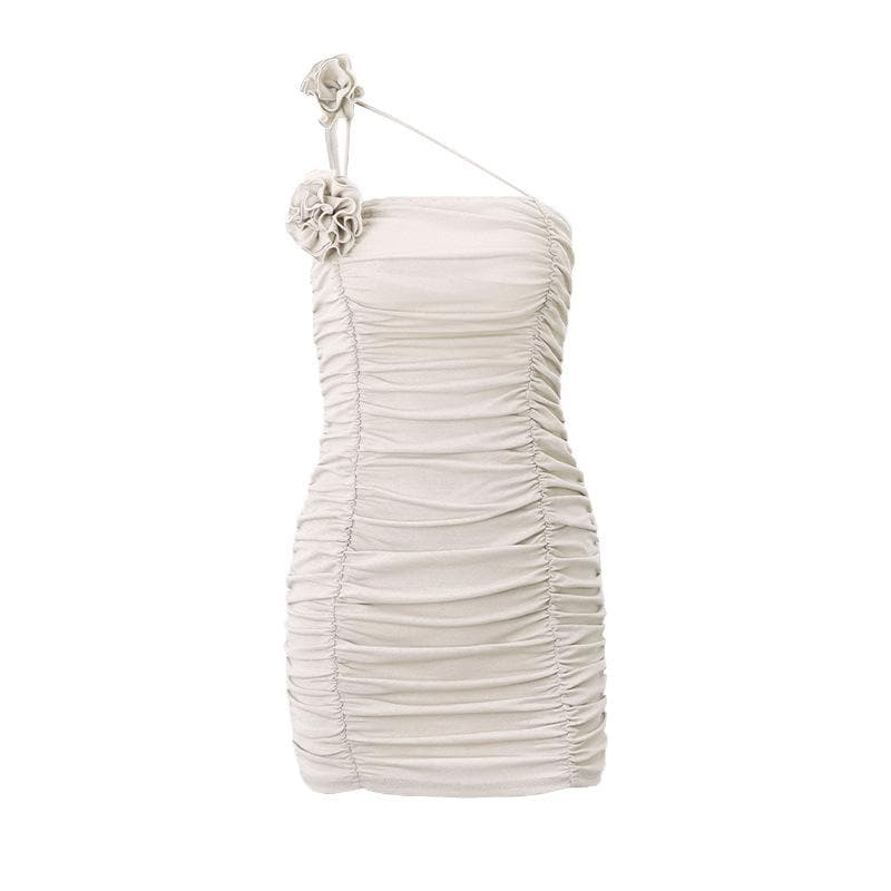 Flower Applique One Shoulder Irregular Ruched Mini Dress