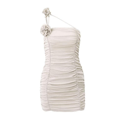 Flower Applique One Shoulder Irregular Ruched Mini Dress