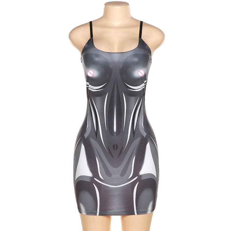 Scoop Neck Spaghetti Strap Cyborg Body Graphic Bodycon Mini Dress