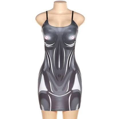 Scoop Neck Spaghetti Strap Cyborg Body Graphic Bodycon Mini Dress