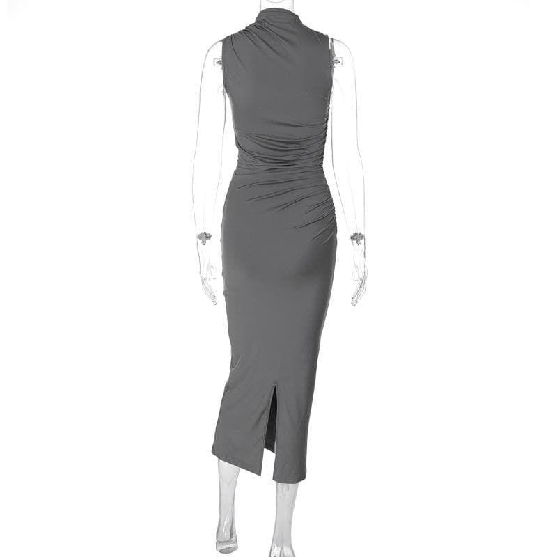 Draped High Neck Side Ruched Sleeveless Bodycon Maxi Dress