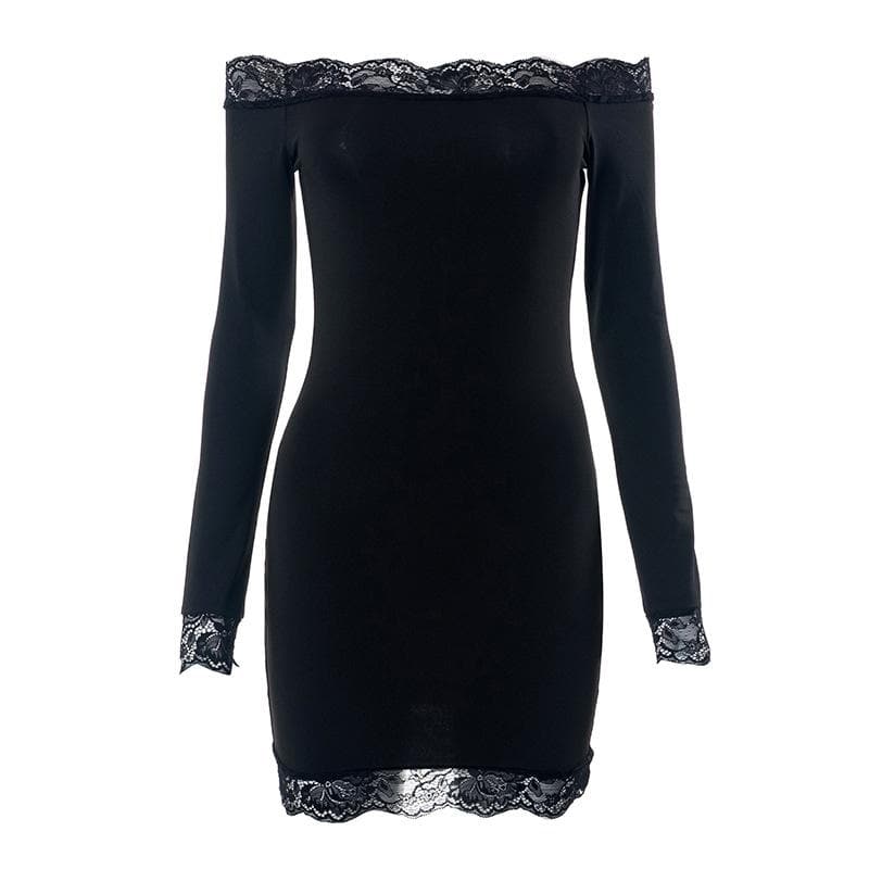 Off Shoulder Lace Trim Long Sleeve Bodycon Mini Dress