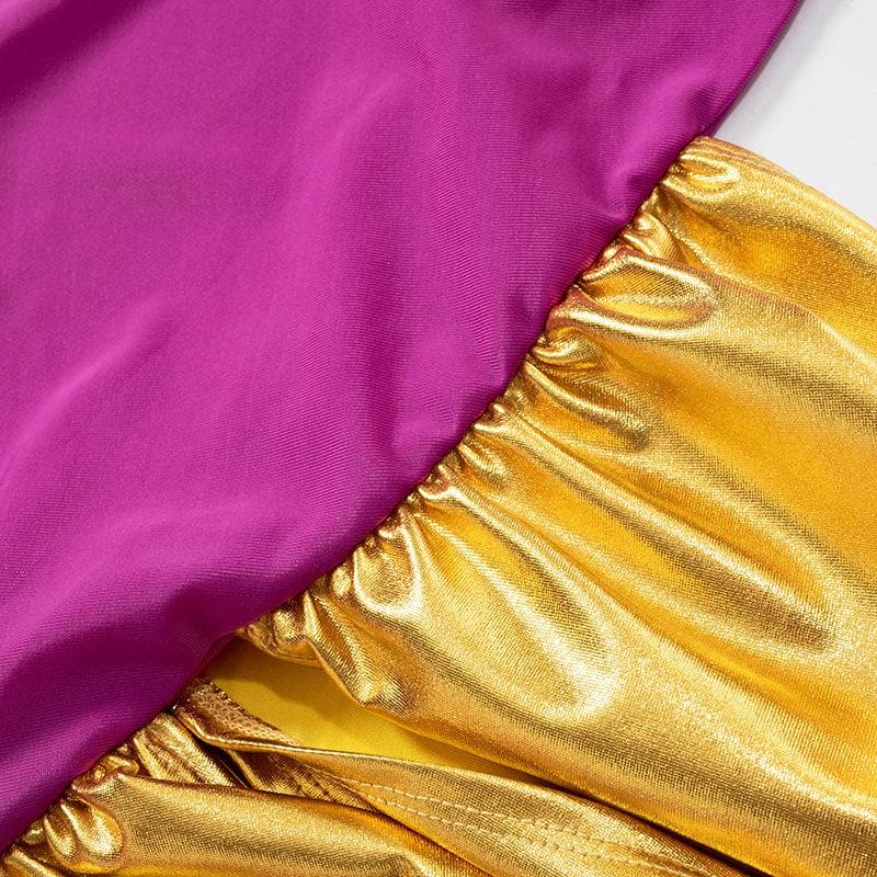 One-Shoulder Long Sleeve Diagonal Cutout Metallic Panel Bodycon Maxi Dress