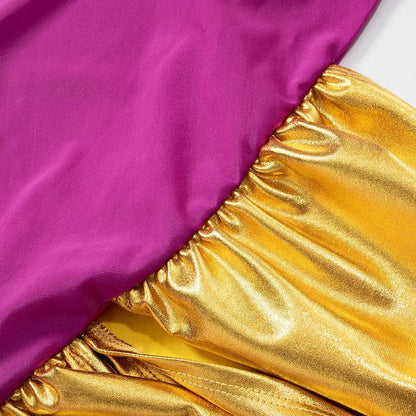 One-Shoulder Long Sleeve Diagonal Cutout Metallic Panel Bodycon Maxi Dress