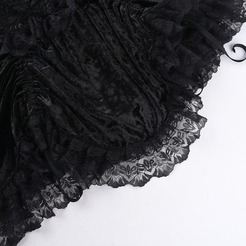 Sleeveless Velvet Lace Hem Ruffle Lace-Up Mini Dress