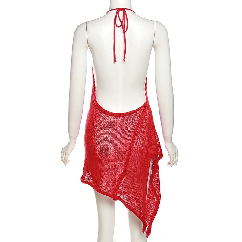 Halter Self Tie Crochet Mesh Asymmetric Ruffle Hem Backless Mini Dress