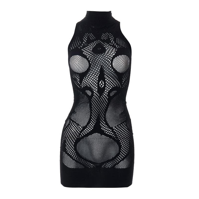 Fishnet Pattern High Neck Sleeveless Hollow Out Bodycon Mini Dress