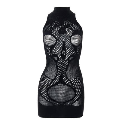 Fishnet Pattern High Neck Sleeveless Hollow Out Bodycon Mini Dress