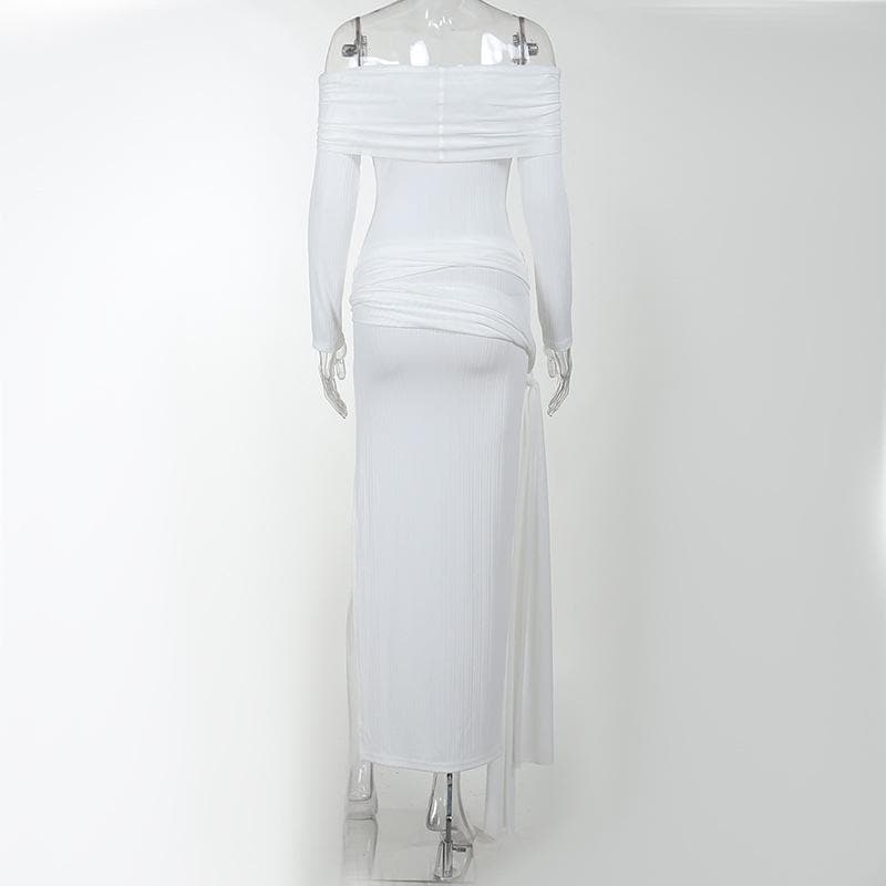 Off-Shoulder Cross Front Self-Tie High Slit Maxi Dress