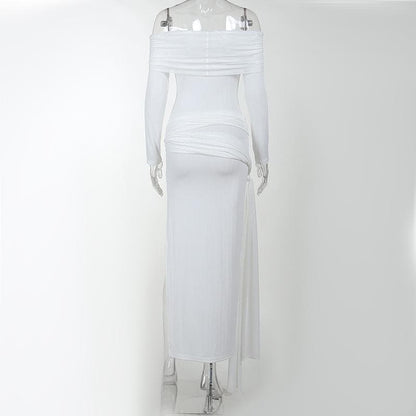 Off-Shoulder Cross Front Self-Tie High Slit Maxi Dress
