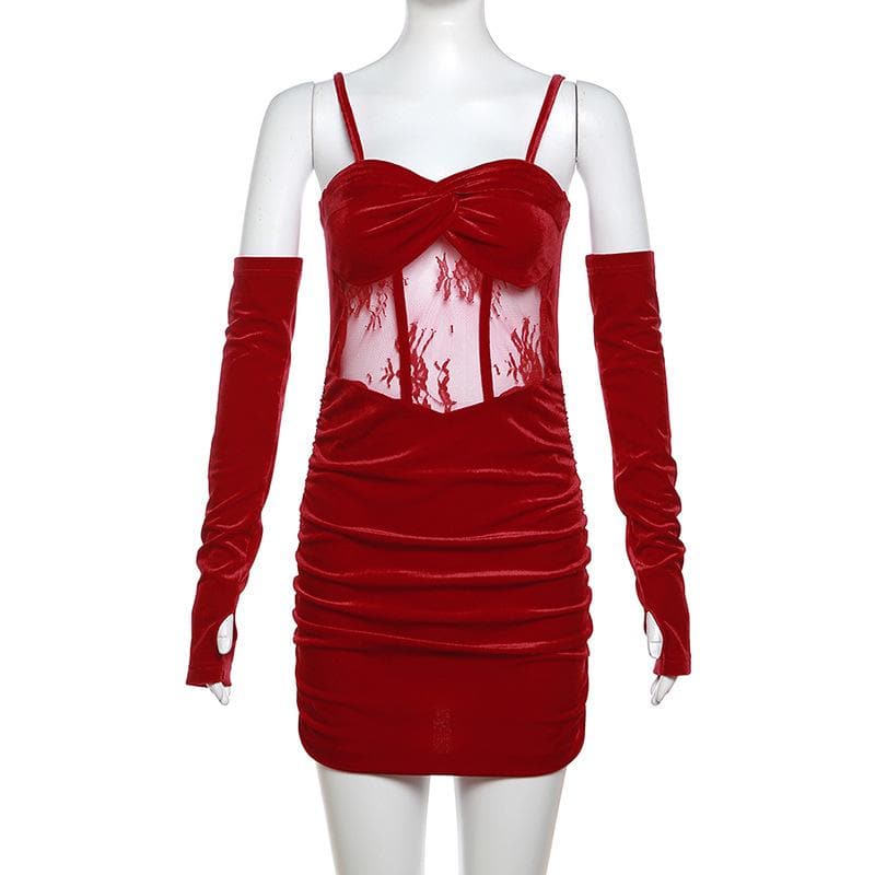 Velvet Sweetheart Neck Lace Panel Corset Detached Sleeve Mini Dress