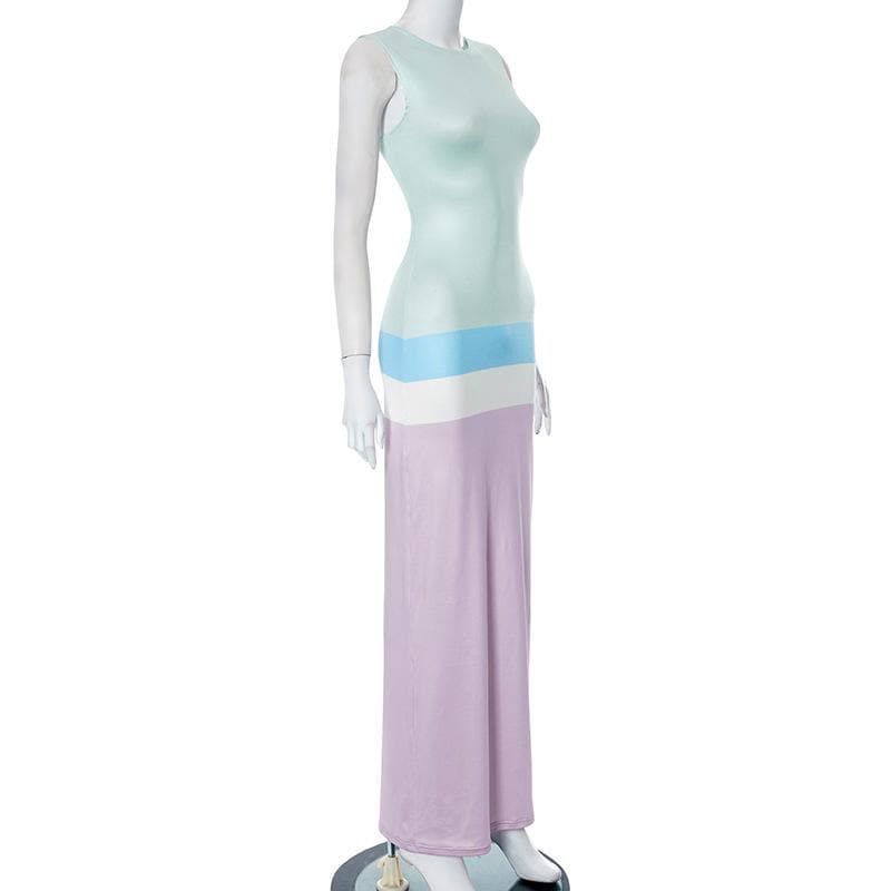 Crew Neck Contrast Panel Band Bodycon Maxi Dress