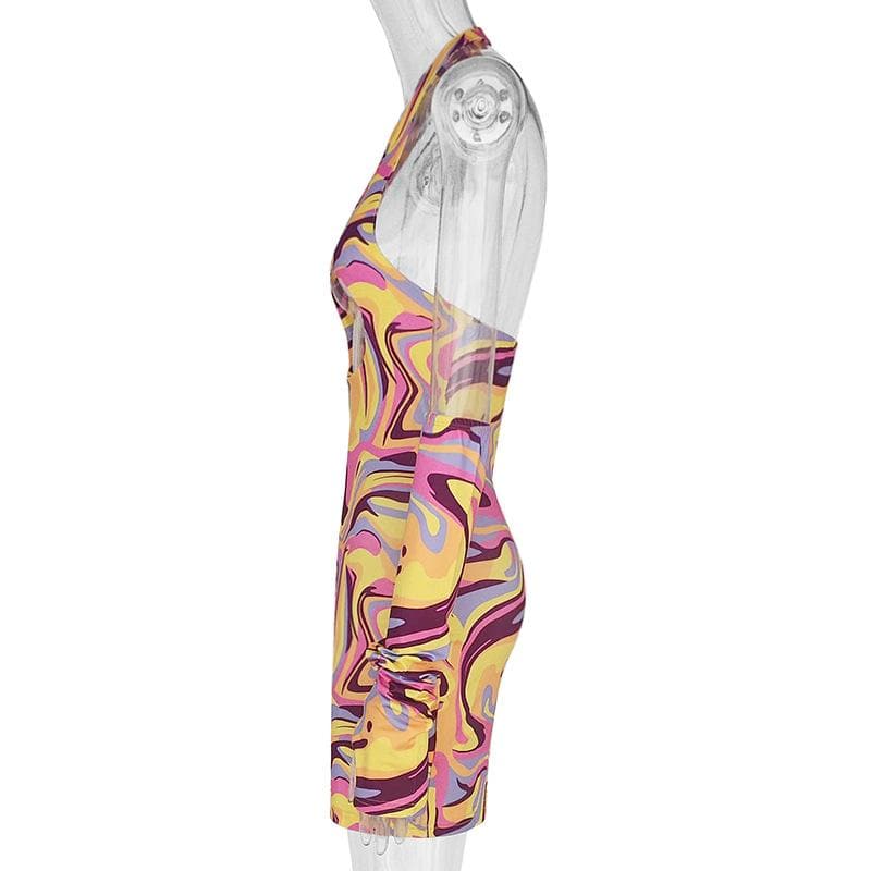Halter Neck Triple Chest Cutout Marble Print Arm Warmer Mini Dress Set
