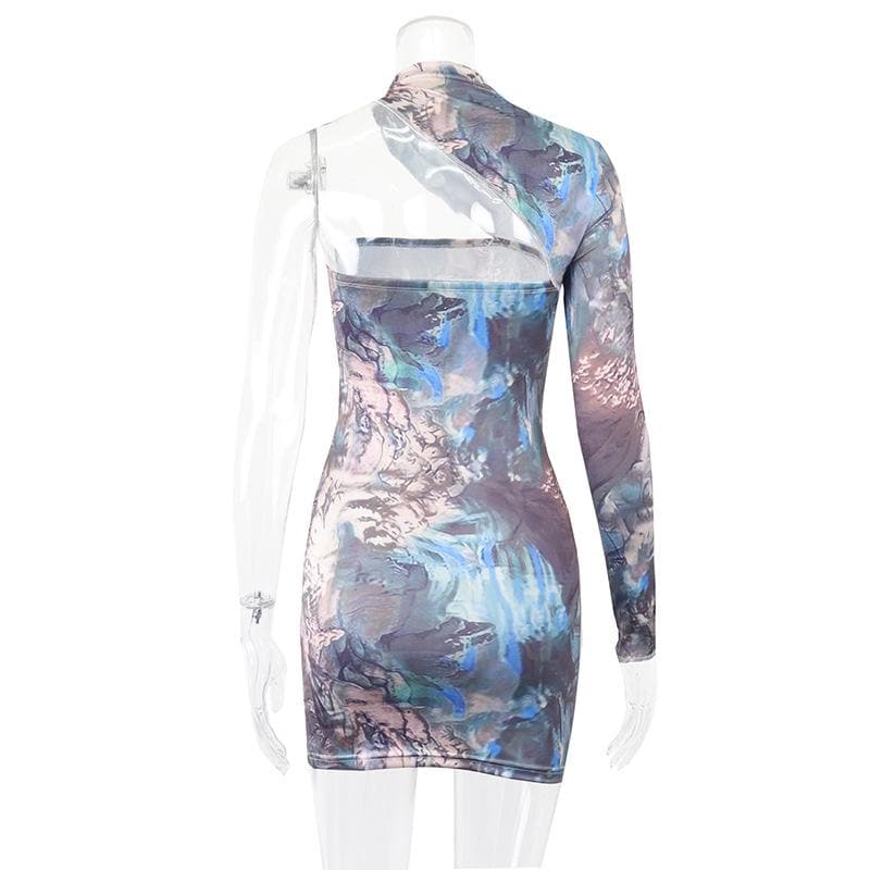 Marble Print One Shoulder Mock Neck Cutout Long Sleeve Mini Dress